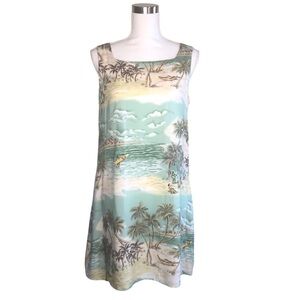 VINTAGE 90s Peppermint Bay Blue Green Hawaiian Print Rayon Shift Dress Medium